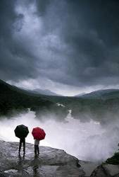 Two Travellers Enjoying The Monsoon , Upstream The Athirappilly Waterfall , Kerala , South India , Asia