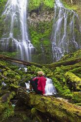 Hiker Viewing Upper Proxy Falls Three Sisters Wilderness , Oregon