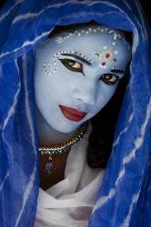 Painted Blue Indian Girl Under Blue Shawl Portrait