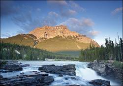Athabasca Falls And Mt . Kerkeslin ( 2955 M ) At Sunset , Jasper National Park , Alberta , Canada