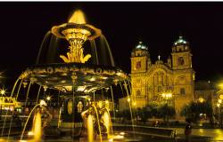 La Compañia De Jesus Church And Fountain At Night , Plaza De Armas , Cusco , Peru