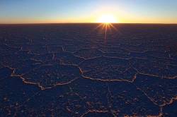 Hexagonal Salt Formations On Surface Of Salar De Uyuni At Sunrise , Bolivia