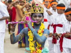 Indian Boy Plays Krishna In Parade Landscape Close Up