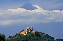 Church Atop The Gran Piramide De Tepanapa With Popocatepetl Volcano , Cholula , Puebla , Mexico