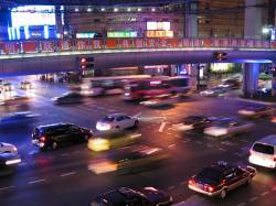 Traffic Flow At Night In Downtown Shanghai China , Asia