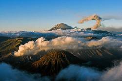 View Of Bromo , Batok And Seremu Volcanoes , East Java , Indonesia .