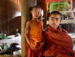 Novice Monks In Monastery Living Quarters In The Village Of Salay , South Of Bagan , Myanmar ( Burma ) . Salay Is An Important Religious Centre With Approx 50 Monasteries And Many Buddhist Temples .