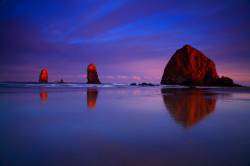 Sunrise With Haystack Rock And The Needles From Cannon Beach On The Oregon Coast In Oregon
