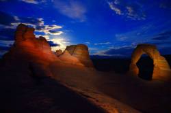 Moonrise And The Delicate Arch With Light Painting From Arches National Park In Utah