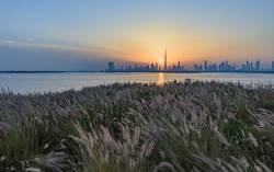 Dubai Skyline From Ras Al Khor Wildwife Sanctuary During A Nice Sunset .