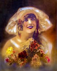 Hand-colored Vintage Portrait Of A 1920s Era Flapper Girl Wearing A Wide Brim Cloche Hat .