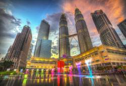 Petronas Twin Towers Water & Light Show In Kuala Lumpur, Malaysia, Southeast Asia.