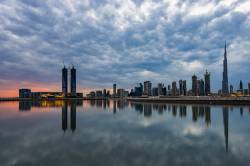Dubai Skyline During A Cloudy Day. You Have On Your Left Dubai District Design And Of Course The Highest Building Is Burj Khalifa...
