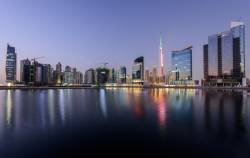 Dubai Business Bay, With Burj Khalifa In UAE Colors...