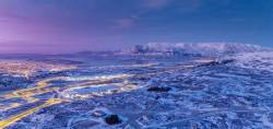 Aerial View In The Winter Of Korputorg Square, Mt Esja In The Background, Reykajvik, Iceland. This Image Is Shot Using A Drone.