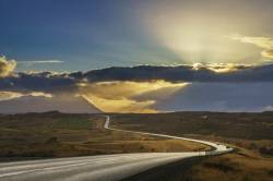 Empty Curvy Road At Sunset. Route One In A Rural Area, Borgarfjordur Fjord, Iceland