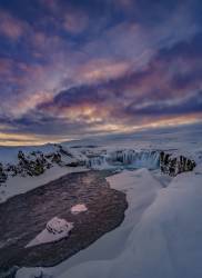 Winter Sunset Over Godafoss Waterfall, Iceland. This Image Is Shot With A Drone.