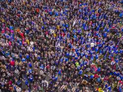 Crowds Watching The Football Match Between Iceland And England In The Euro 2016 Tournament, Reykjavik, Iceland. Iceland Won The Match 2-1. This Image Is Shot Using A Drone.