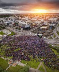 Crowds Watching The Football Match Between Iceland And England In The Euro 2016 Tournament, Reykjavik, Iceland. Iceland Won The Match 2-1. This Image Is Shot Using A Drone.