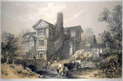 Lithograph Print Of Little Moreton Hall, Cheshire, England With Bridge And Moat Is A Half-timbered Mansion Built By Successive Generations Of Owners Between The Early Sixteenth Century And The First Decade Of The Seventeenth Century. Artist: James Duffield Harding 1798-1863 Country: England