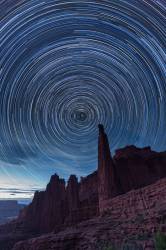 Star Trails Over The Titan, Fisher Towers, Utah. The Land Was Lit By The Last Twilight Glow To The West.