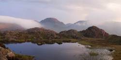 Great Gable And Scafell Pike From Innominate Tarn On Haystacks At Sunset, Lake District, Cumbria, UK