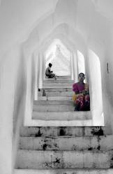 Girl Sitting On A Step Of A Covered Stairway To A Pagoda - Hsinbyume Paya - Mingun - Mandalay, Myanmar, Burma