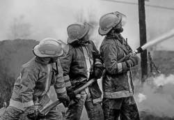 Three Firefighters Battle A Blaze. Digital Scan From Slide.