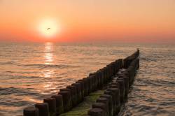 Sea With Groynes At Sunset At Ahrenshoop, Mecklenburg-Vorpommern, Germany