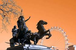 London Statue Of Queen Boudicca Horse & Chariot Part Of The British Airways Eye Millennium Ferris Wheel Manipulated Colour