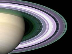 What Size Particles Compose Saturns Rings E To Help Find Out , The Robot Cassini Spacecraft Now Orbiting Saturn Broadcast Radio Waves Of Three Different Wavelengths Right Through The Rings To Earth Earlier This Month The Experiment Was Sensitive To Ring Particle Sizes Because Ring Particles Much Larger Than A Broadcast Radio Wavelength Will Reflect Those Radio Waves Away Three Different Wavelengths Were Used : Approximately 1 Centimeter , 3 5 Centimeters , And 13 Centimeters The Results Are Coded Into The Above False Color Digitally Reconstructed Image In The Above Image , The Color Purple Indicates Regions Populated Predominantly By Ring Particles Larger Than 5 Centimeters , While The Color Green Indicates Regions With A Significant Population Of Small Ring Particles Less Than Even 1 Centimeter The White Center Of Saturns B Ring Indicates That The Density Of Ring Particles Was Too High To Make A Good Determination Other Radio Observations Indicate That Some Ring Particles Can Be As Large As Several Meters Across The Impressive Nature And Clarity Of The Above Sharp Image May Help Determine Clues About The Origin Of Saturns Beautiful But Enigmatic Ring System