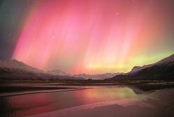 Pink Aurora Borealis ( Northern Lights ) Over Alaskas Knik River Valley During Intense , Maximum Solar Flare Activity