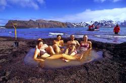 Ships Passengers Having A Swim In A Warm Puddle On The Volcanic Beach Of Whalers Bay On Antarctica