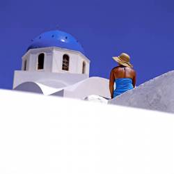 Woman At Church Oia Santorini Greece