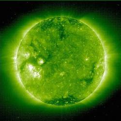 A NEW LOOK AT THE SUN This Image Of 1 5 Million Degree Celsius Gas In The Suns Thin , Outer Atmosphere ( Corona ) Was Taken On March 13 , 1996 By The Extreme Ultraviolet Imaging Telescope ( EIT ) In The Fe XII Emission Line At 195 A Every Feature In The Image Traces Magnetic Field Structures Because Of The High Quality Instrument , We Can See More Subtle And Detail Magnetic Features Than Ever Before This Image Is The First Time We Have Been Able To Get Such Images Except During Five Minute Rocket Flights Because Of SOHOs View Of The Sun , Science Researchers Have Been Able To Make Movies That Show The Dynamic Every Changing Nature Of The " Quiet Sun " SOHO Is Presently In A Halo Orbit Around A Point Known As The " L1 Lagrangian Point " Approximately 930 , 000 Miles ( 1 5 Million Kilometers ) From Earth , Where Gravitational Forces Of The Earth And Sun Balance One Another Back
