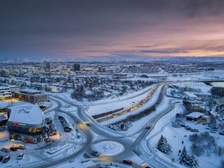 Snowy view of a suburb of Reykjvik, Kopavogur, Iceland. This image is shot using a drone.